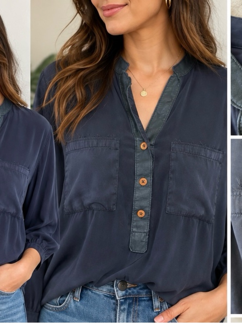 Ramy Brook Navy Silk Blouse Leather Trim Size S